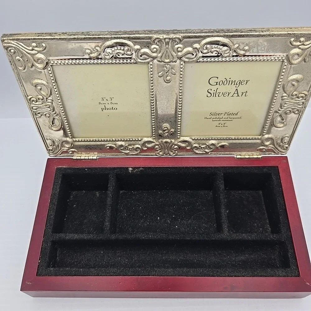 Godinger Silverplated Double Frame Cherry‎ Wood Jewelry/Memento Box
